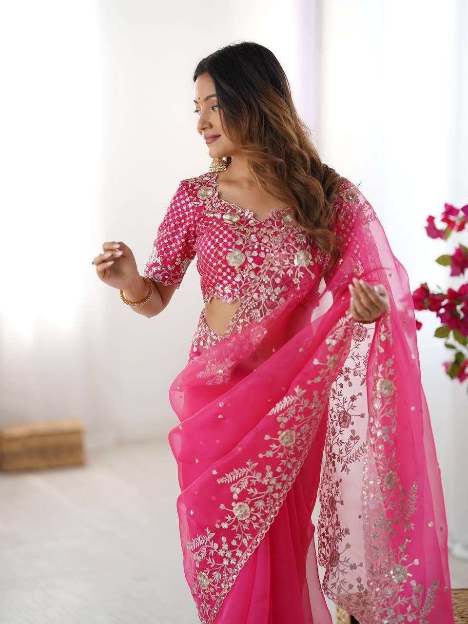 Hot Pink Embroidered Organza Ready to Wear pleated Saree with Stitched Designer Blouse