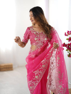 Hot Pink Embroidered Organza Ready to Wear pleated Saree with Stitched Designer Blouse