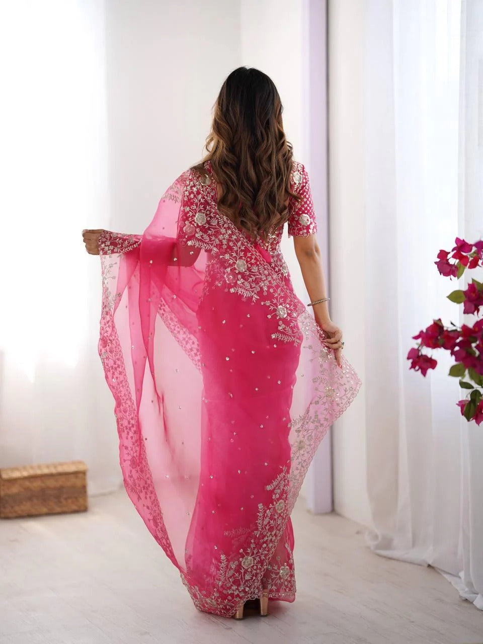 Hot Pink Embroidered Organza Ready to Wear pleated Saree with Stitched Designer Blouse