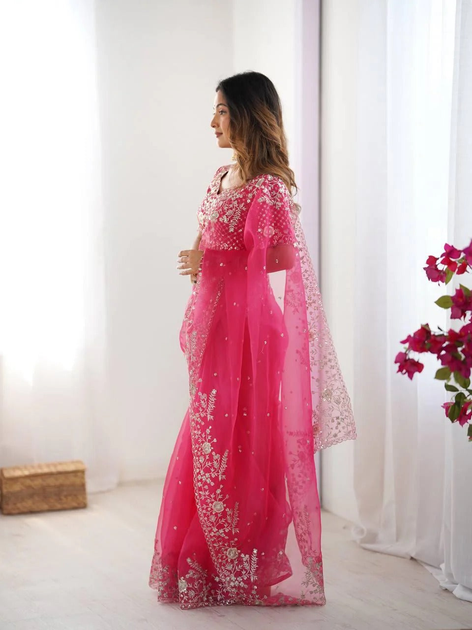 Hot Pink Embroidered Organza Ready to Wear pleated Saree with Stitched Designer Blouse