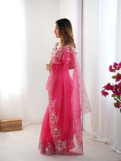 Hot Pink Embroidered Organza Ready to Wear pleated Saree with Stitched Designer Blouse