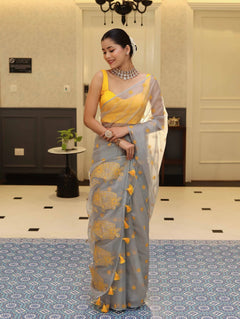 Vastra Veda Ivory Organza Banarasi Butti Saree with Red Embroidery with a Stitched Blouse