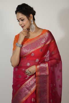 Banarasi Organza Saree with Gold Butti and Zari Border in Rani Pink