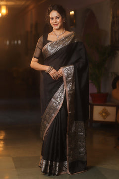 Midnight Grace Banarasi Handwoven Semi-Silk Saree with Zari Border Stiched Blouse