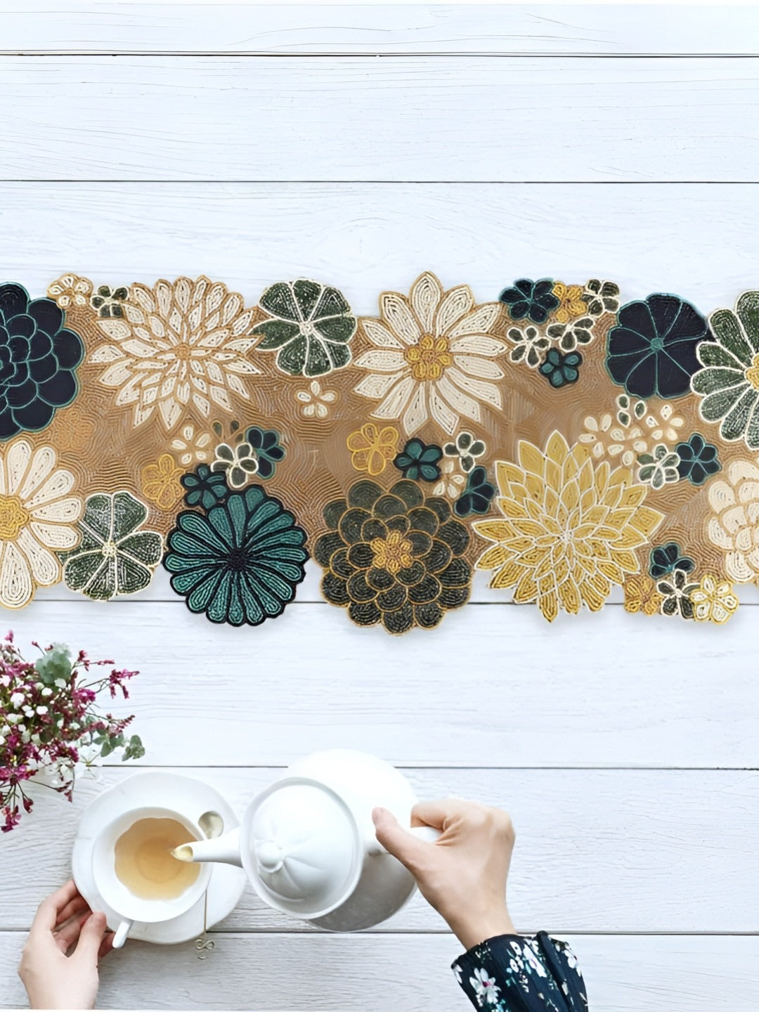 Green Beige Beaded Floral Table Runner