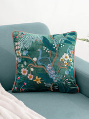 Green Brown Peacock Embroidered Cushion Cover