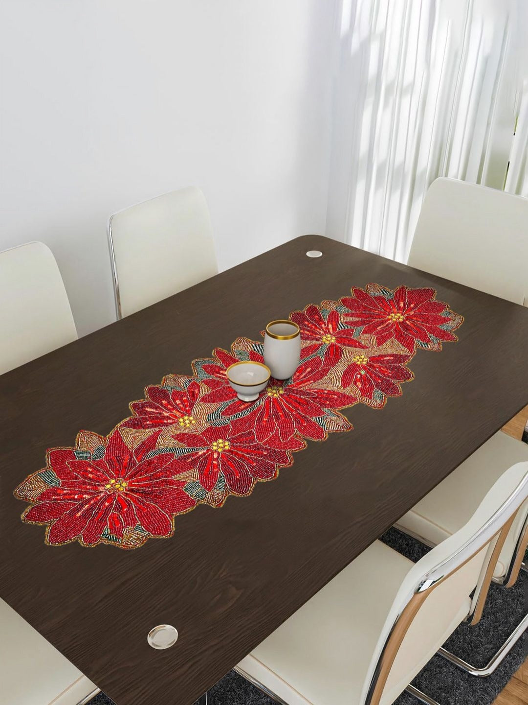 Maroon Brown Beaded Floral Table Runner
