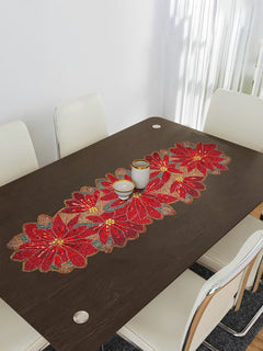 Maroon Brown Beaded Floral Table Runner