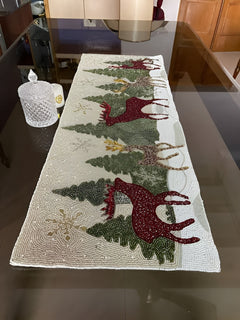 Green Maroon Beaded Rectangle Table Runner