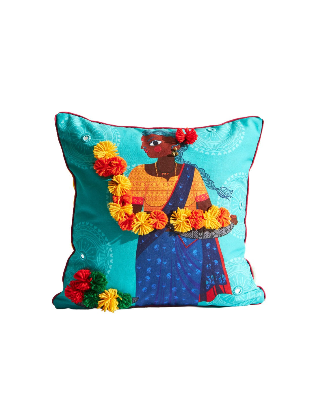 Blue Orange Flower Vendor Cushion Cover