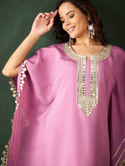 Silk Blend Purple Mirror Work Kaftan