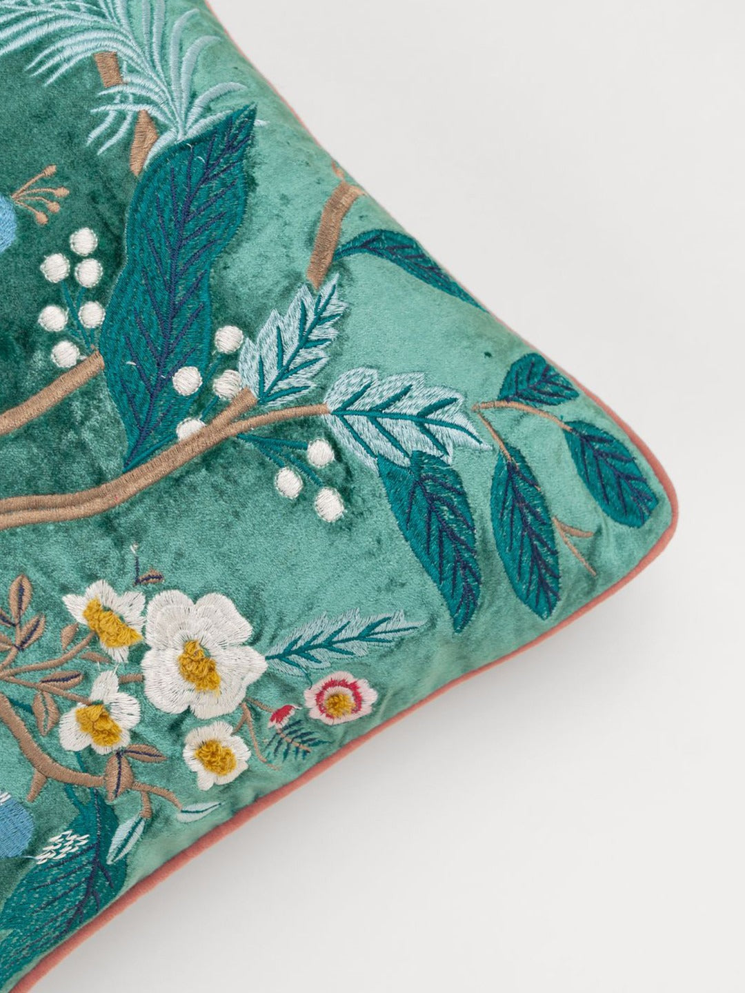 Green Brown Peacock Embroidered Cushion Cover
