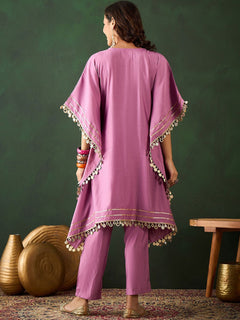 Silk Blend Purple Mirror Work Kaftan