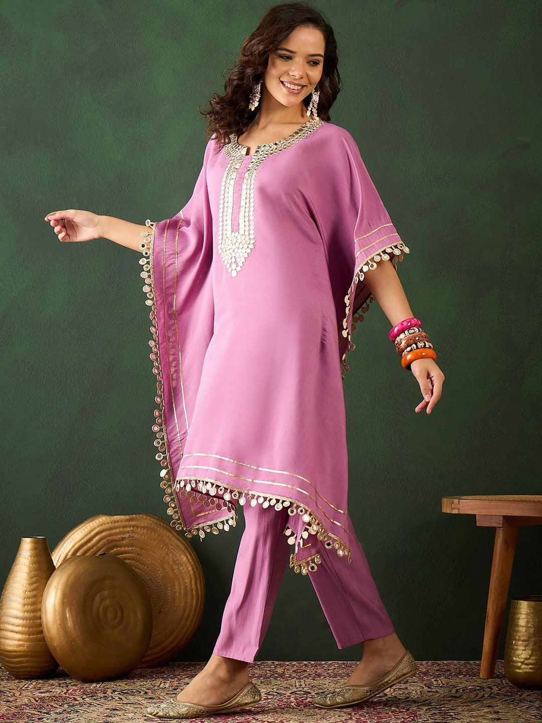 Silk Blend Purple Mirror Work Kaftan