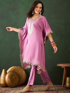 Silk Blend Purple Mirror Work Kaftan