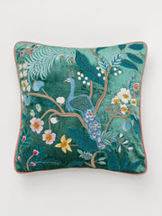 Green Brown Peacock Embroidered Cushion Cover