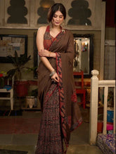 Brown Cotton Ajrakh Saree with Patchwork