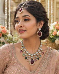 Regal Ruby Kundan Bridal Necklace Set with Earrings & Maang Tikka