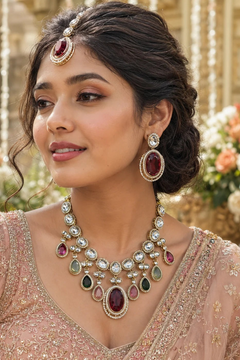 Regal Ruby Kundan Bridal Necklace Set with Earrings & Maang Tikka