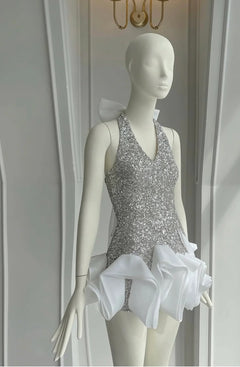 Cherry Sequin Halter Neck Waves Dress