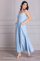 Light Blue Cotton Denim Button Dress