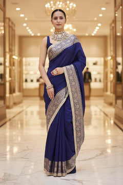 Vastra Veda Banarasi Semi-Silk Saree with Zari Border & Stitched Blouse