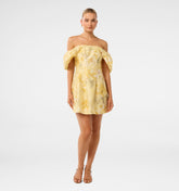 Linen Blend Gold Off Shoulder Dress