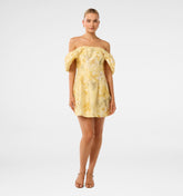 Linen Blend Gold Off Shoulder Dress