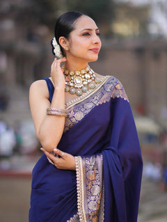 Vastra Veda Banarasi Semi-Silk Saree with Zari Border & Stitched Blouse