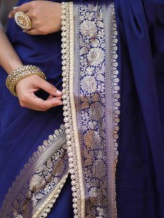 Vastra Veda Banarasi Semi-Silk Saree with Zari Border & Stitched Blouse