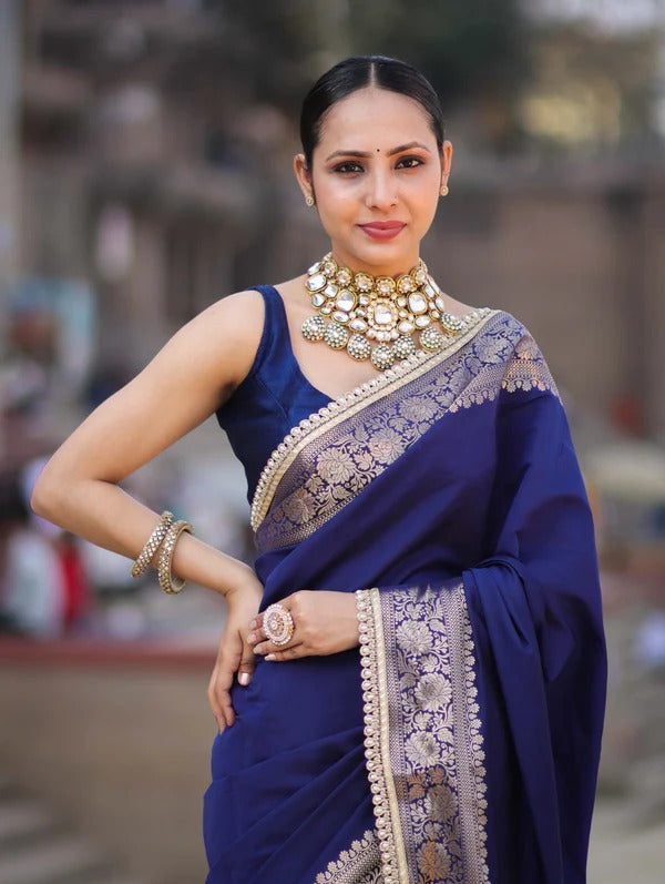 Vastra Veda Banarasi Semi-Silk Saree with Zari Border & Stitched Blouse