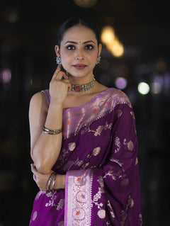 Royal Purple Banarasi Handloom Tissue Saree with Butti Design & Sthiched Blouse