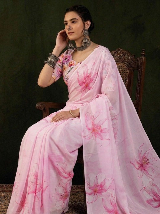 Pure Silk Georgette Floral Print Saree