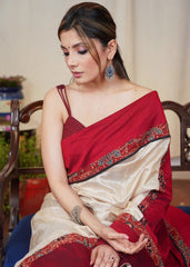 Beige Tussar Silk Saree with Maroon Ajrakh Border
