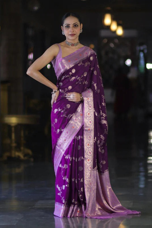 Royal Purple Banarasi Handloom Tissue Saree with Butti Design