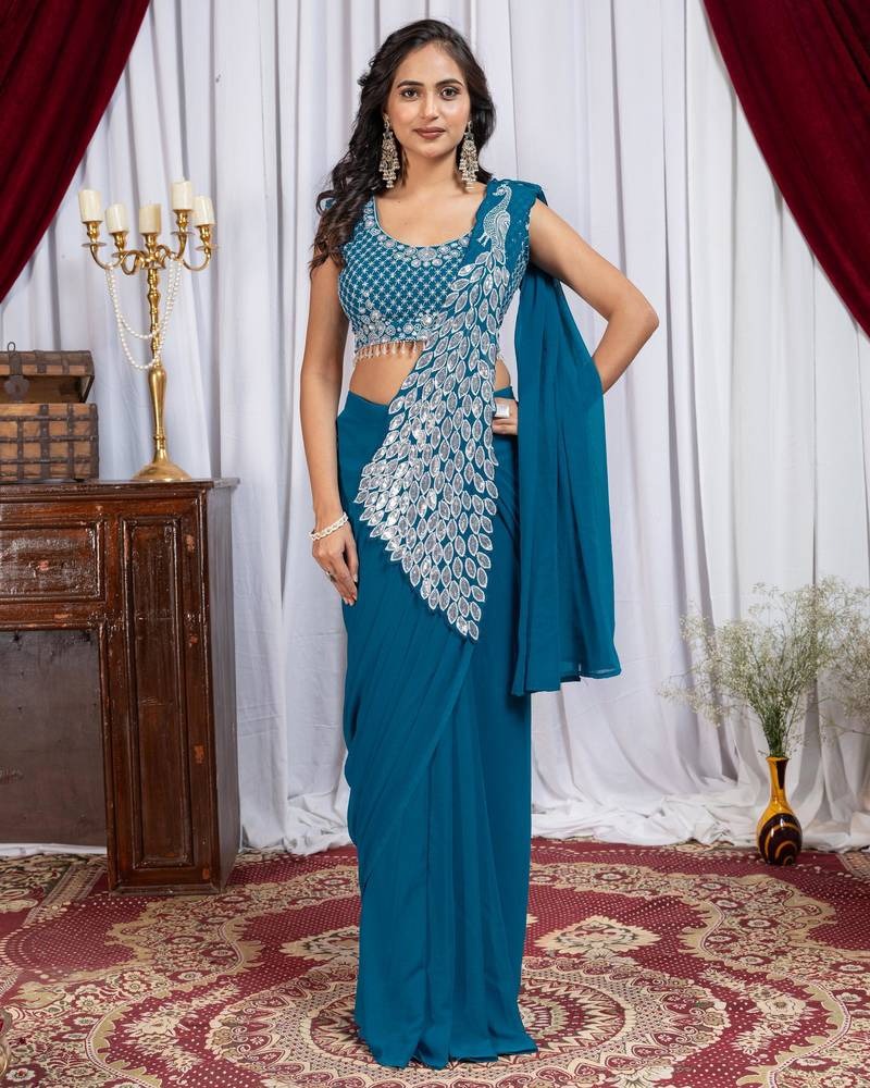 Noor Zahra Luxe Embroidered Saree (Ready-To-Wear) with Blouse
