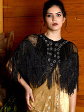 Black Embellished Beaded Crew Neck Cape
