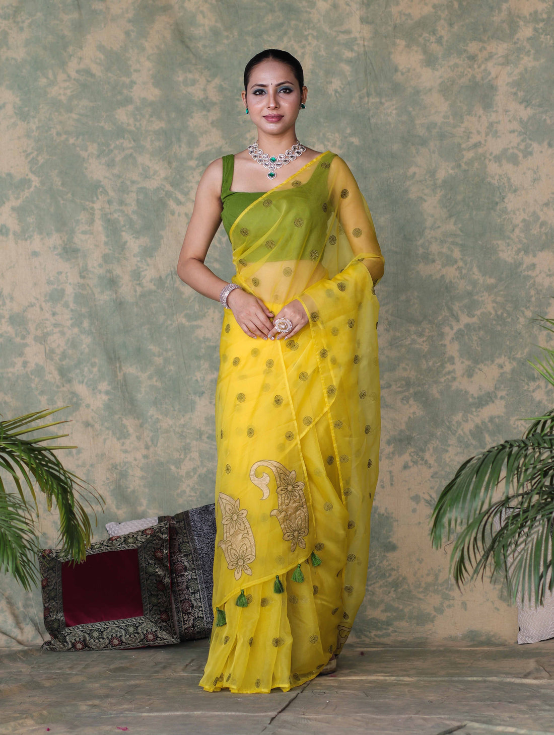 Vastra Veda Ivory Organza Banarasi Butti Saree with Red Embroidery with a Stitched Blouse