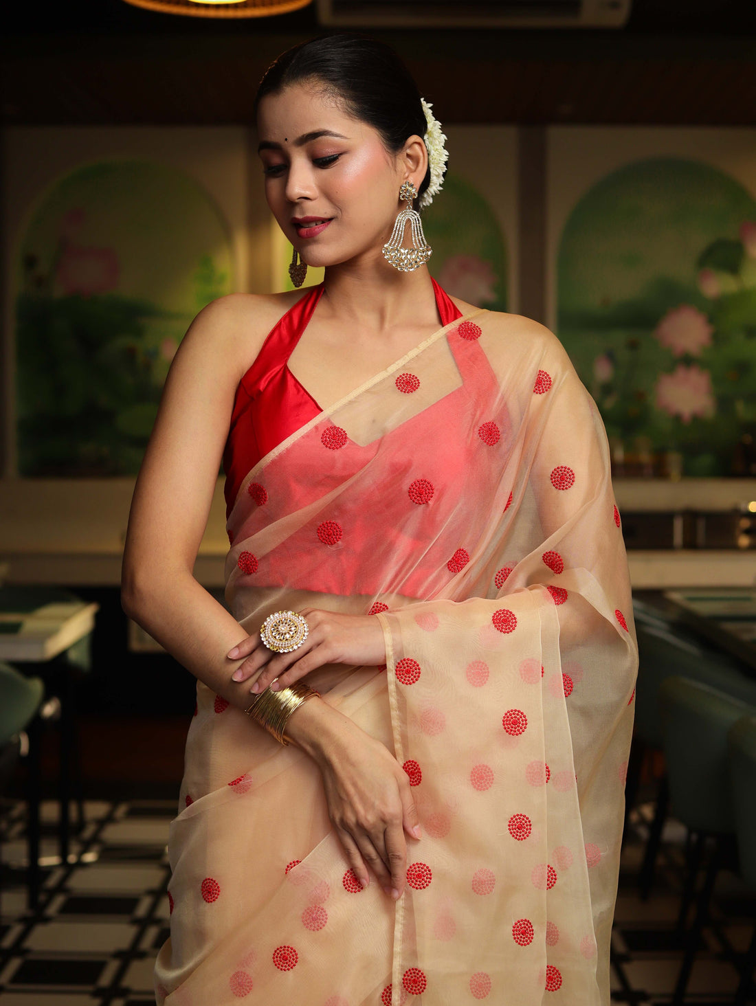 Vastra Veda Ivory Organza Banarasi Butti Saree with Red Embroidery with a Stitched Blouse