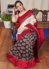 Beige Tussar Silk Saree with Maroon Ajrakh Border