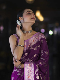 Royal Purple Banarasi Handloom Tissue Saree with Butti Design & Sthiched Blouse