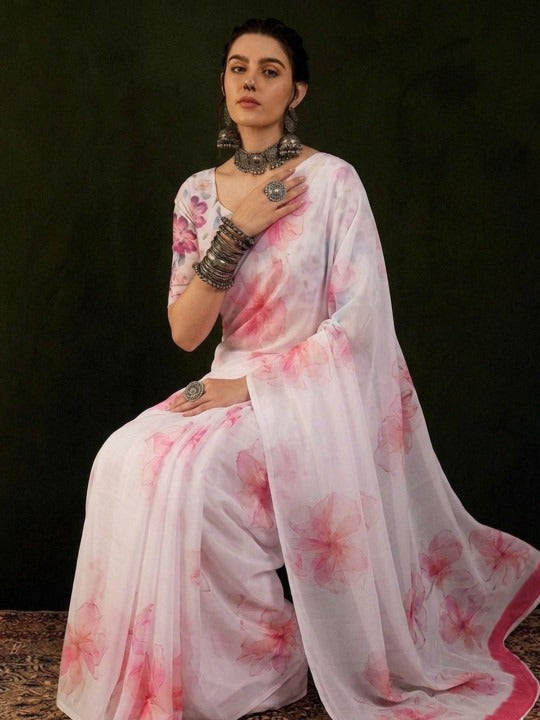 Pure Silk Georgette Floral Print Saree