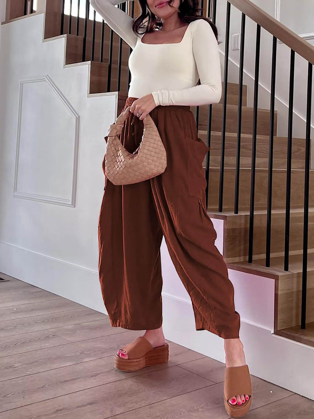 Brown Wide Leg Cargo Pants