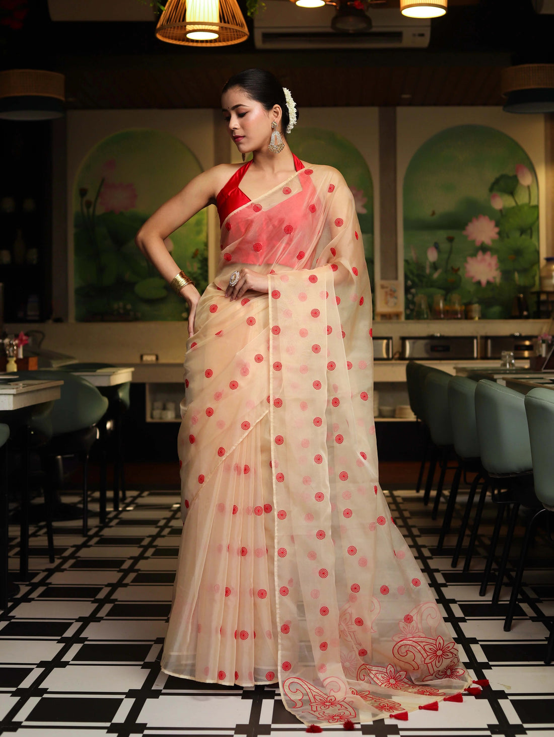 Vastra Veda Ivory Organza Banarasi Butti Saree with Red Embroidery with a Stitched Blouse