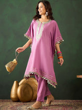 Silk Blend Purple Mirror Work Kaftan