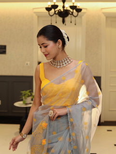 Vastra Veda Ivory Organza Banarasi Butti Saree with Red Embroidery with a Stitched Blouse