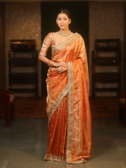 Handwoven Tissue Peach Saree with Zari Buti & Lace