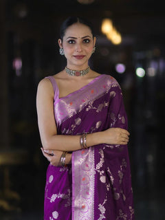 Royal Purple Banarasi Handloom Tissue Saree with Butti Design & Sthiched Blouse