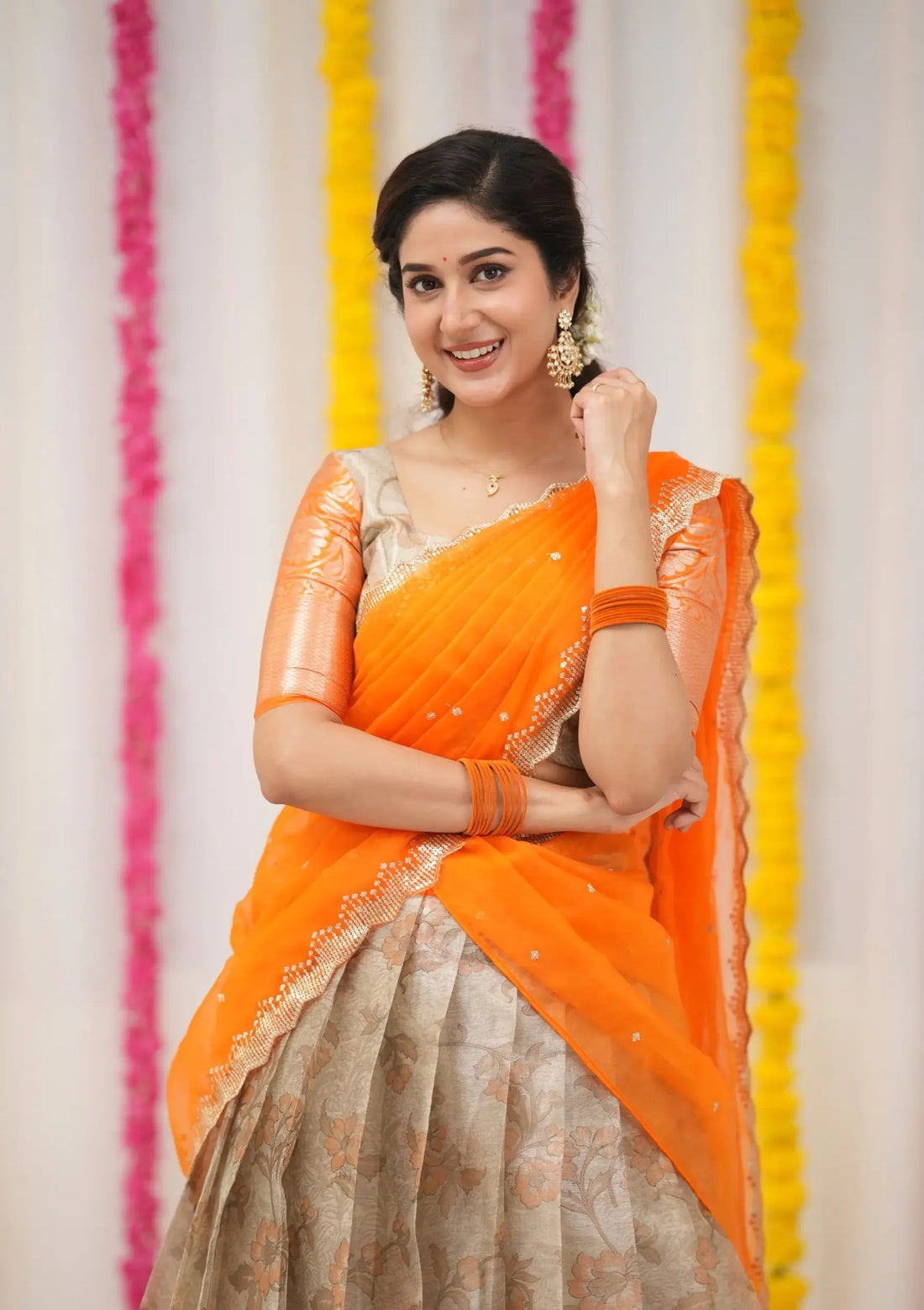 Izhaiyini Grey and Orange Organza Half Saree