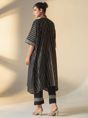 Elegant Black Cotton Lurex Kaftan with Pants